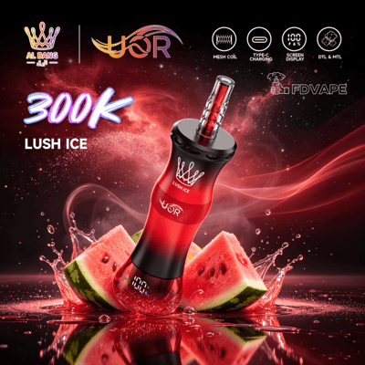 Red FDVAPE e-cigarette vape device with “300K LUSH ICE” text above watermelon splash background and icons
