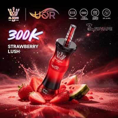 Red vape device with strawberry lush flavor graphic, splash and fruit pieces, with “MESH COIL” and “300K” text