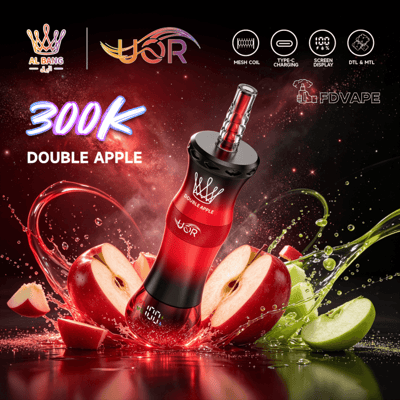 Red vape device advertisement with “DOUBLE APPLE” flavor text and 300K puff graphic