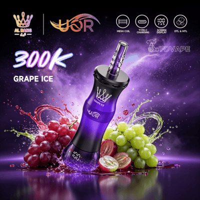 Purple vape device with “300K Grape Ice” flavor text and grape splash on a purple starry background