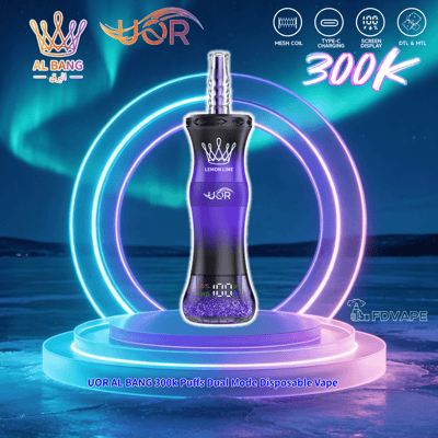 Purple disposable vape device on glowing circular stand with “UOR AL BANG 300K” text and feature icons