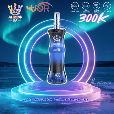 UOR AL BANG 300K disposable vape with neon light rings and “Blueberry Raspberry” text on blue background
