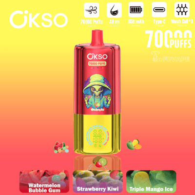 Red and yellow ÖKSO 70000 puffs vape with flavor icons and “Watermelon Bubble Gum” text on a yellow-orange ad background