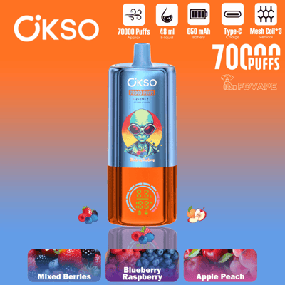 ÜKSO 3-in-1 vaping device package showing 70000 puffs, 48 ml e-liquid, and fruit flavors Mixed Berries, Blueberry, Raspberry, Apple Peach