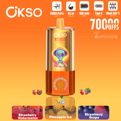 ÖKSO vape device advertisement showing “70000 Puffs” and flavor options on an orange background