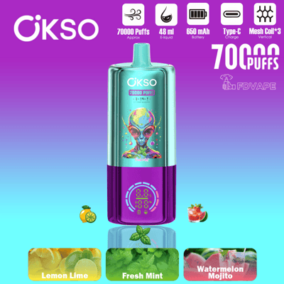 OKSO 70000 puffs vape device with flavor options Lemon Lime, Fresh Mint, and Watermelon Mojito on purple background