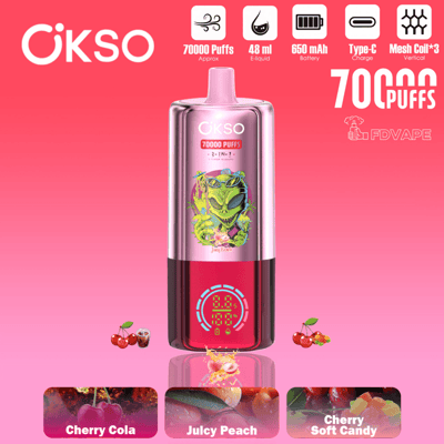 Ükso vape device with 70000 puffs, 48 ml e-liquid, Type-C charge, and cherry cola/julcy peach/flavored icons