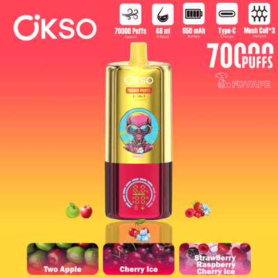 Gold and pink OKSO 70000 puffs e-liquid vape device with fruit flavor graphics on a red-to-orange background