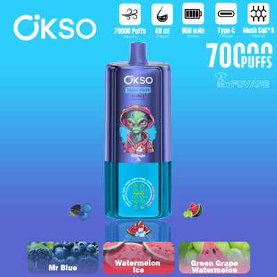 ÖKSO disposable vape product image with “70000 Puffs,” 48 ml e-liquid, Type-C charge, and flavor icons