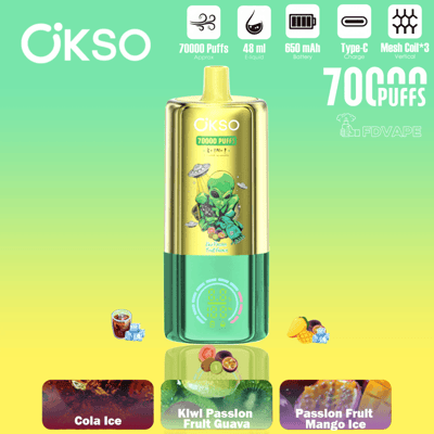 OKSO vape device pack showing 70000 puffs, 48 ml e-liquid, and assorted fruit flavors on a green background