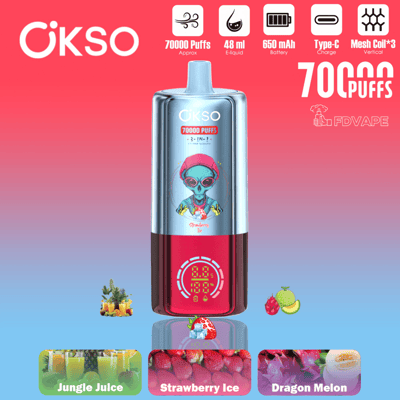 ÖKSO 70000 puff vape device with “7000 Puffs” label, 7000 puffs and Type-C charge icons on red ad background