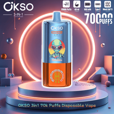 OKSO 3-in-1 disposable vape on a glowing pedestal with “70000 puffs” and specs around it