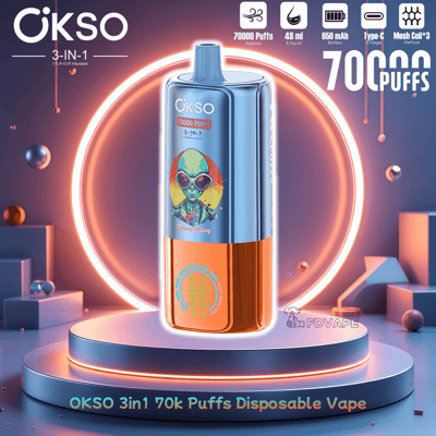 OKSO disposable vape device on a glowing pedestal with “70000 Puffs” and “3-in-1” features text