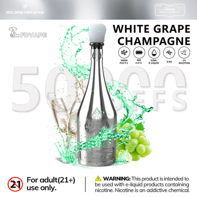 White grape e-liquid vape bottle with green splash, grapes, and “WHITE GRAPE CHAMPAGNE” label plus specs and warning text