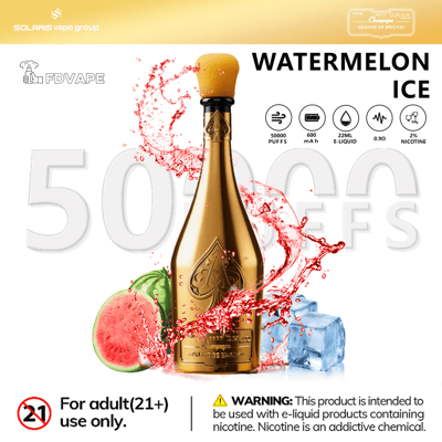 Gold vape bottle labeled Watermelon Ice with red splash, 50,000 puffs, 22ML e-liquid, 2% nicotine and warning 21+ use only