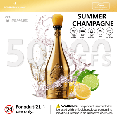 Gold Champagne-branded vape bottle with yellow cap, splash art, and “Summer Champagne” specs and nicotine warning