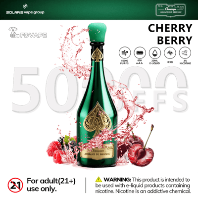 Green vape e-liquid bottle with red berry splash, “CHERRY BERRY” text, and 50000 puffs warning graphics