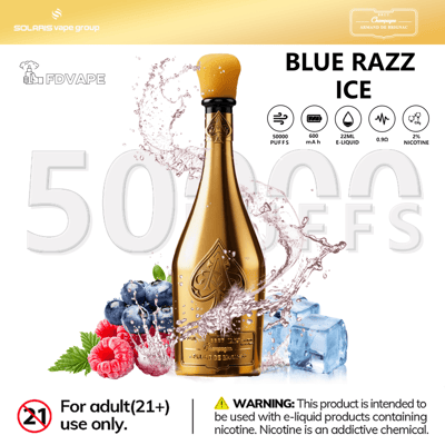 Gold vaping device with orange cap labeled BLUE RAZZ ICE, showing 50000 puffs and 2% nicotine, with berries and ice