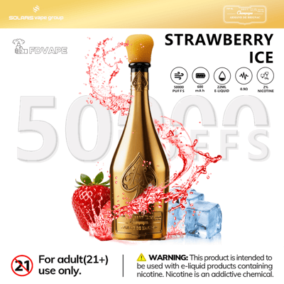Golden vape bottle with “STRAWBERRY ICE” label, strawberry splash and ice cubes, plus 50,000 puffs specs