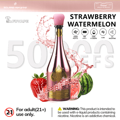 Strawberry watermelon vape device with “50,000 puffs” and “2% nicotine” icons on a colorful ad background