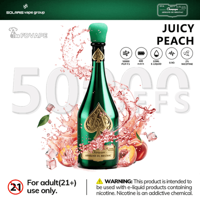 Green vape bottle with Armand de Brignac label, surrounded by fruit splash and “Juicy Peach” flavor info