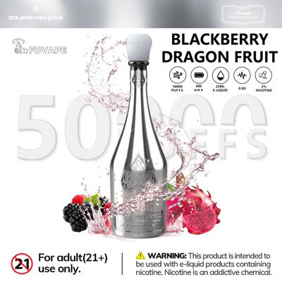 E-cigarette bottle ad for Blackberry Dragon Fruit flavor with “50,000 puffs” and nicotine warning text