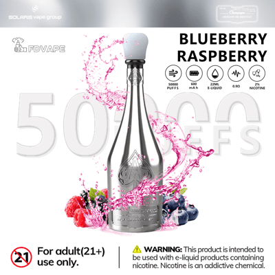 Blueberry raspberry flavored vape pod with pink splash graphics and 50,000 puffs 2% nicotine details