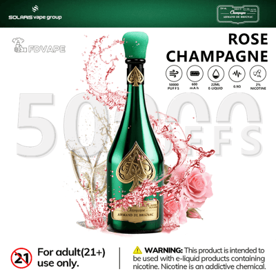 Green vape bottle advertising Rose Champagne with 50,000 puffs, 22ml e-liquid, 2% nicotine