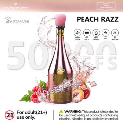 Peach Razz e-liquid vape bottle with pink bulb, splash effects, and 50000 puffs, 600 mAh, 22ml, 0.9Ω, 2% nicotine text