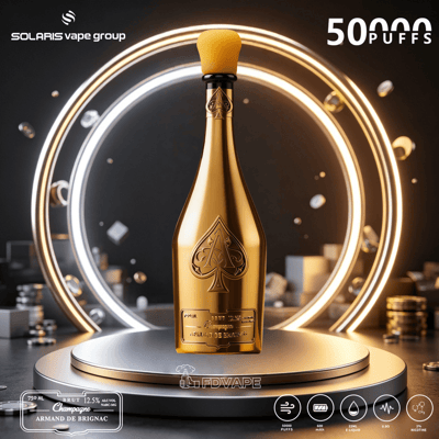Gold vape bottle with arched LED light backdrop, “50,000 PUFFS” text, and branding on a dark studio background