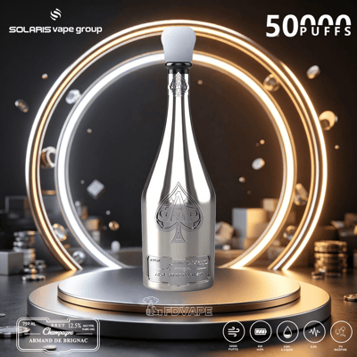 White and silver vape bottle on a gold light-ring display, with “50 Puffs” branding and “SOLARIS vape group” text