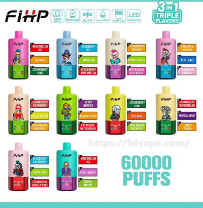 Grille promotionnelle de douze appareils de vape jetables FIHP colorés avec des étiquettes à trois saveurs chacun, des icônes de produit pour trois saveurs 3-en-1, une batterie de 650 mAh, une charge de type C, un volume de 54 ml, une bobine à double maille et un écran LED, et un texte bien visible " 60 000 PUFFS ".