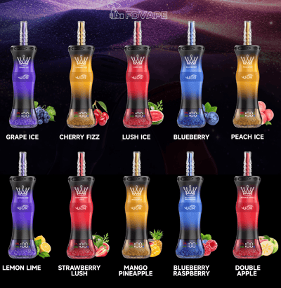 FDVAPE assorted vape bottles with flavors Grape Ice, Cherry Fizz, Lush Ice, Blueberry, Peach Ice, Lemon Lime