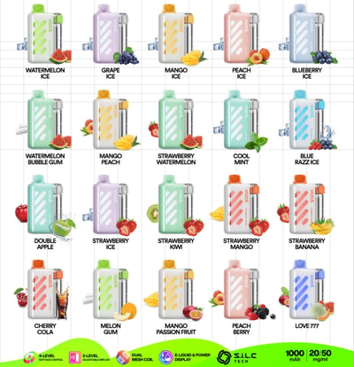 Griglia di dispositivi colorati per lo svapo a pod con etichette di aromi come ghiaccio all'anguria, ghiaccio al mango, ghiaccio alla pesca, ghiaccio al mirtillo e altro ancora.
