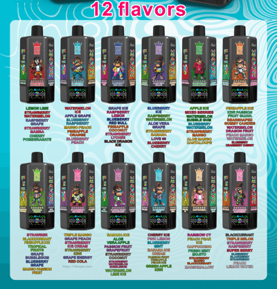 Two rows of six black Bang Blaze 6-in-1 bottles with colorful cartoon labels, displaying 12 flavors against a teal backdrop.