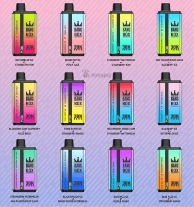 Sixteen Bang Box vape bottles with bright gradient labels and black caps arranged in a grid on a pink diagonal-striped background.