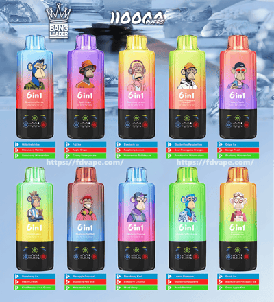 Ten brightly colored gradient disposable vape devices labeled “6in1,” each featuring a stylized ape illustration and flavor bars beneath, arranged against an icy backdrop with “11000 puffs” text and a Bang Leader logo.
