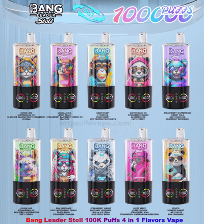 Promotional poster displaying ten colorful Bang Leader Stoll 100K-puff 4-in-1 disposable vape devices arranged in two rows on a light blue background, each device topped with bold, neon animal illustrations and flavor names and featuring a black base with LED puff counters and control icons.