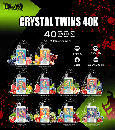 Cartaz promocional do Uwin Crystal Twins 40k, com vários sabores de cigarros eletrônicos descartáveis, detalhes sobre especificações e designs coloridos.