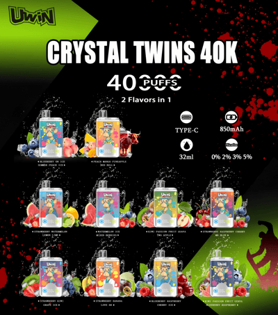 Promotional poster for Uwin Crystal Twins 40k, featuring multiple disposable e-cigarette flavors, details on specifications, and colorful designs.