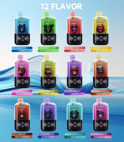 Promotional poster titled "12 FLAVOR" showing twelve colorful vape-style bottles in a three-row grid, each with a bold cartoon animal logo and individual flavor labels, set against a blue water-wave background.