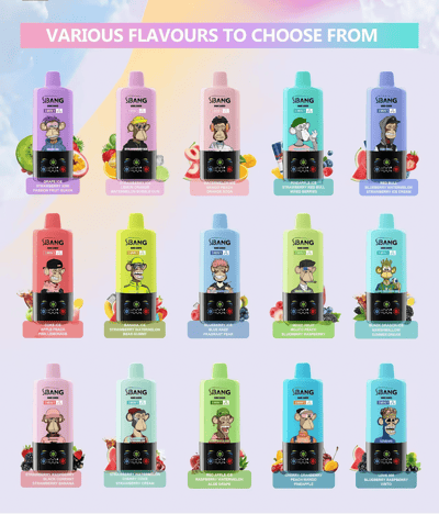 Een promotiefoto die verschillende smaken wegwerp-vapes van Bang laat zien. Op elke fles staat een illustratie van een aap en smaken zoals druivenijs, aardbei-kiwi en watermeloen-bubbelgom. De afbeelding wordt getoond tegen een pastelkleurige achtergrond met de tekst 'Verschillende smaken om uit te kiezen'.