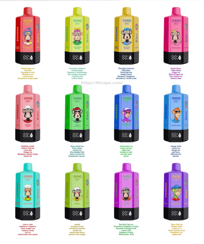 Grid of sixteen bright two-tone bottles with cartoon character labels and black bases, arranged 4 by 4.