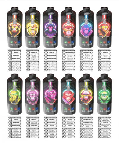 Twelve black cylindrical vape devices arranged in two rows of six on a white background, each decorated with a distinct brightly colored stylized monkey portrait, product name, small icons and numbered flavor lists printed beneath.