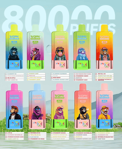 Twelve colorful gradient disposable vape devices with cartoon animal illustrations and '4in1 8000 puffs' branding, arranged in two rows against a pale blue background with small labeled flavor lists beneath each device.