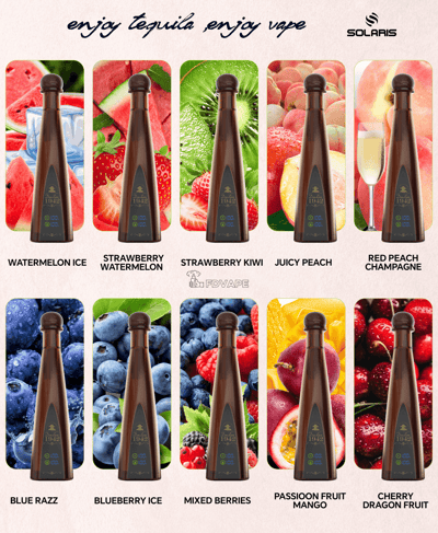 Two rows of ten dark vape bottles with colorful fruit imagery on the labels.