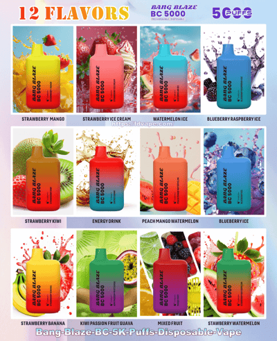 Promotional poster displaying 12 colorful Bang Blaze BC5000 disposable vape devices arranged in a grid, each with bright gradient colors and fruit-themed backgrounds indicating flavors such as strawberry mango, strawberry ice cream, watermelon ice, blueberry raspberry ice and mixed fruit, topped by a '12 Flavors' headline and a small website watermark.