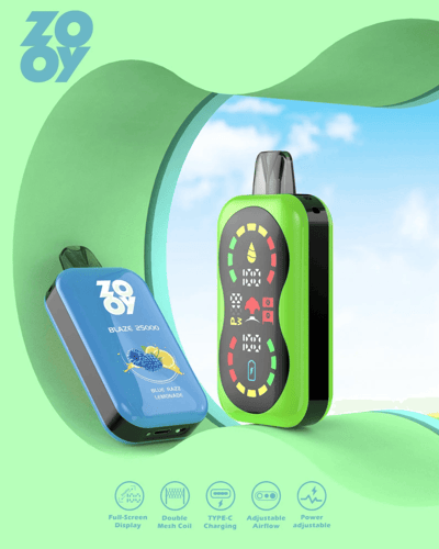 Une image promotionnelle présentant deux appareils de vapotage colorés étiquetés Zooy Blaze 25000 en bleu et vert, présentant des fonctionnalités telles qu'un affichage plein écran, une bobine à double maille, un flux d'air réglable et une charge de type C, sur un fond vert encadrant une scène de ciel clair.