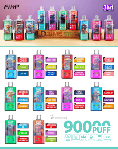 Flacons de vape FIHP 3-en-1 colorés ornés d'étiquettes de saveur et d'un grand graphique 9000 PUFF.