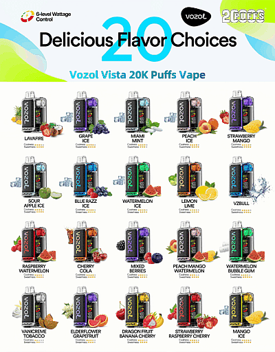 En reklambild för Vozol Vista 20K Puffs Vape, med 20 olika smaker som Lavafire, Grape Ice, Miami Mint, Peach Ice och Strawberry Mango, var och en illustrerad med tillhörande fruktbilder och betyg för svalka och sötma.